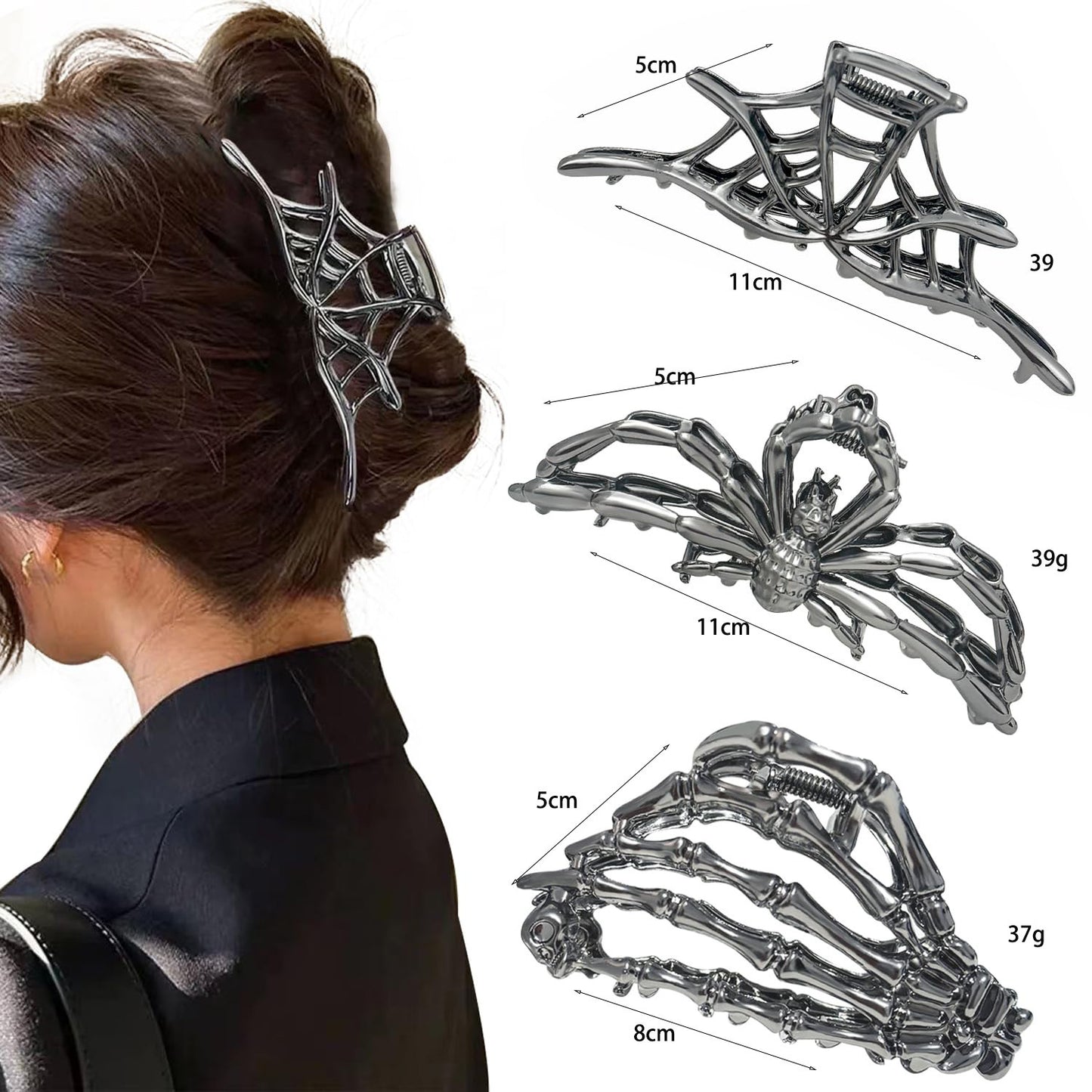 Silver spiderweb hair clip worn by a person, with measurements and weight displayed.
