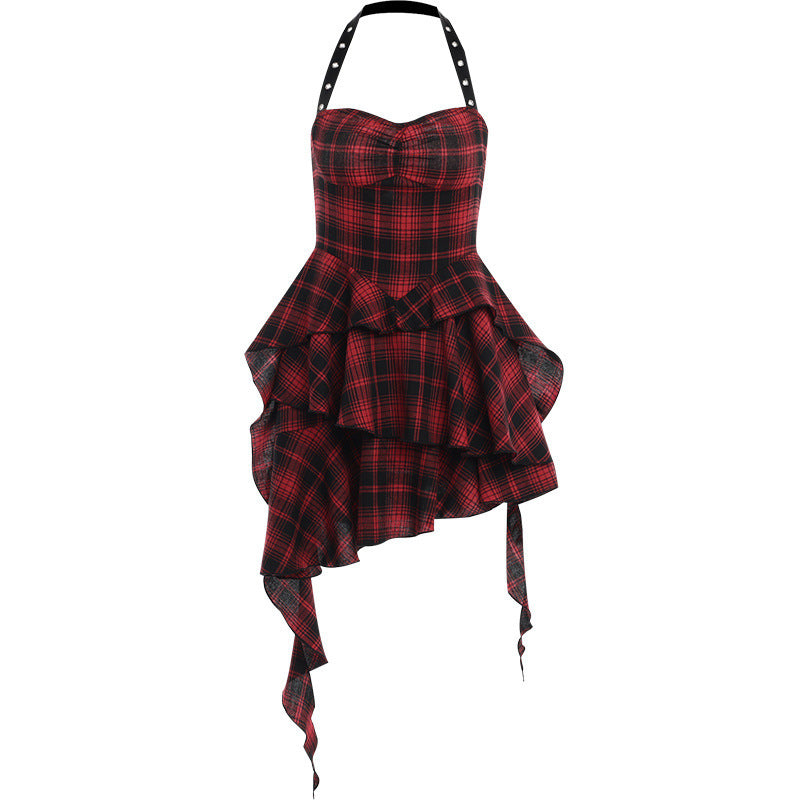 Red Plaid Irregular Halter Dress Women