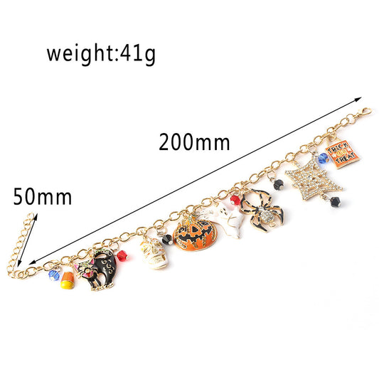 Bracelet with Halloween-themed charms and measurements on a white background