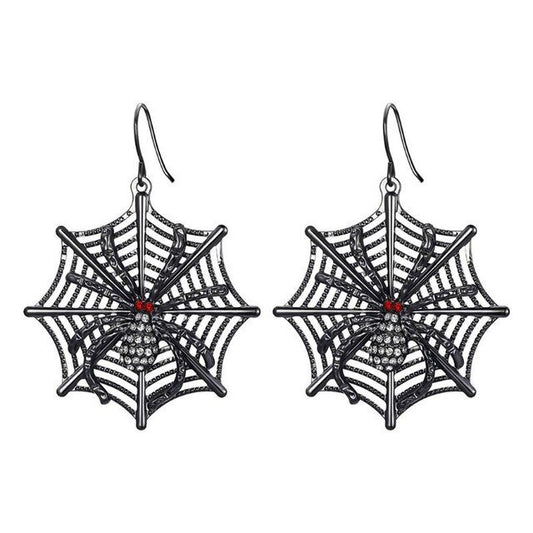 Spider web earrings with red centers on a white background