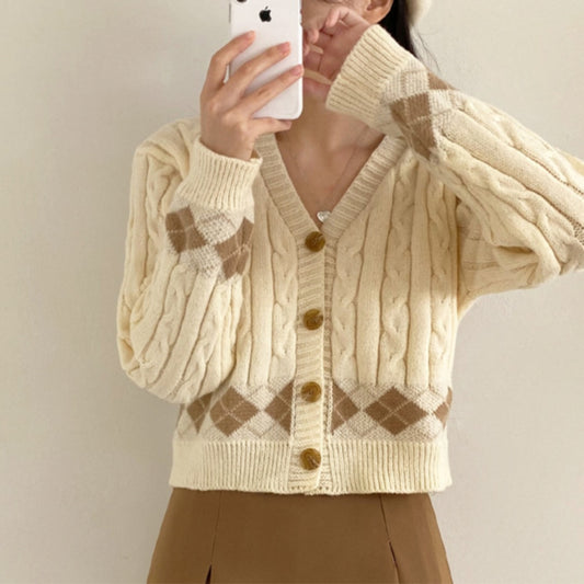 Plaid Hemp Pattern V-neck Cardigan Top