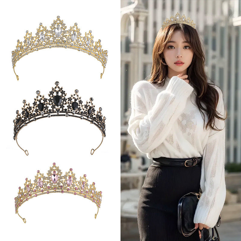 Three tiaras on a white background with a woman wearing a gold tiara outdoors.