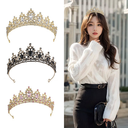 Three tiaras on a white background with a woman wearing a gold tiara outdoors.