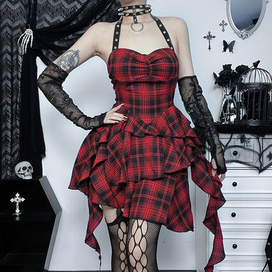 Red Plaid Irregular Halter Dress Women