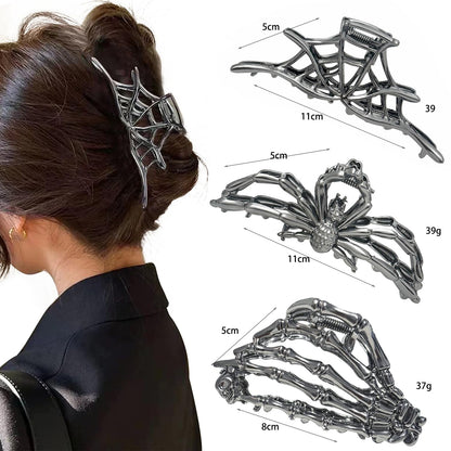 Silver spiderweb hair clip worn by a person, with measurements and weight displayed.