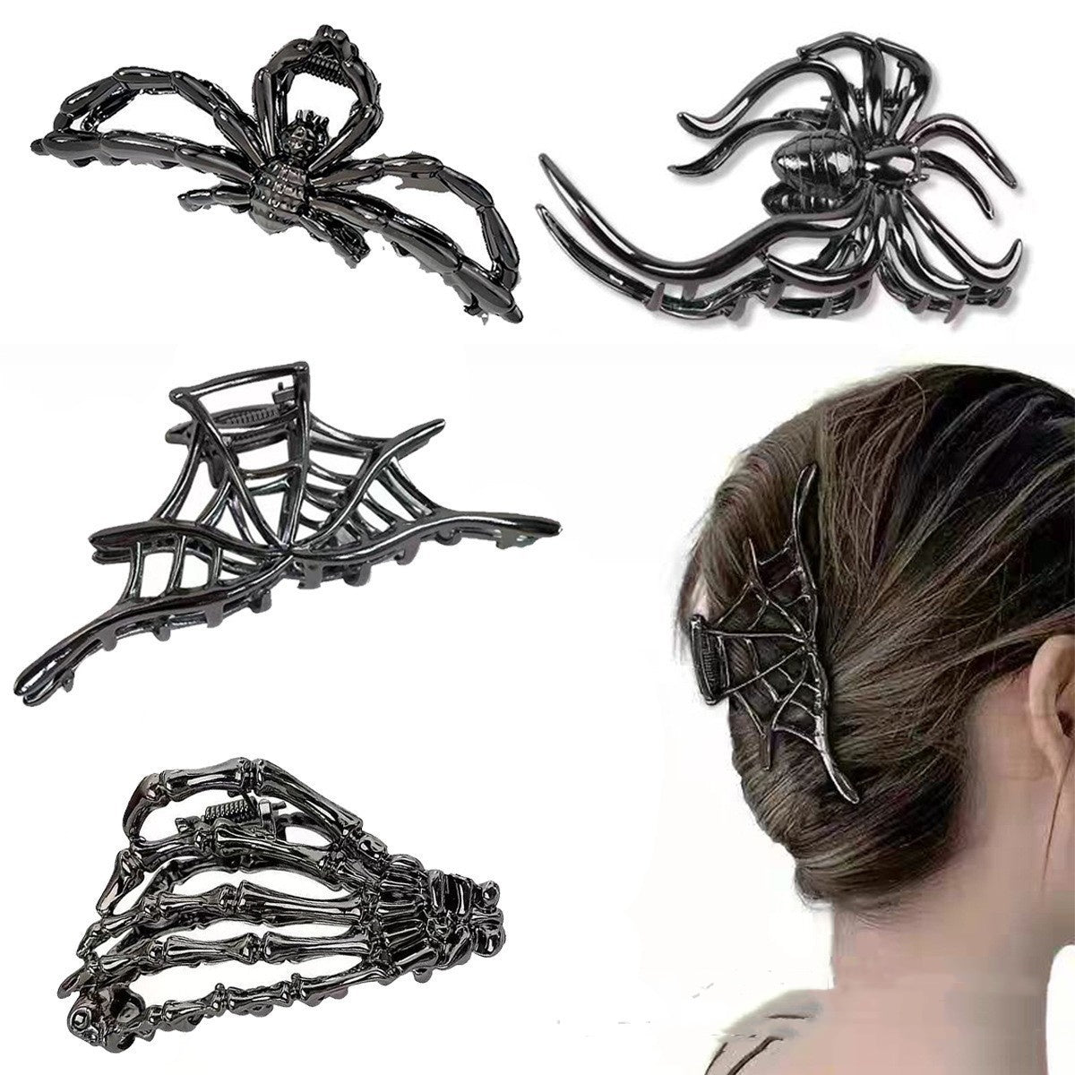 Set of spider-themed hair accessories on a white background with a person wearing one.
