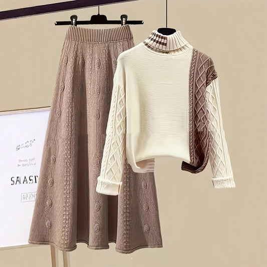 Brown cable knit skirt and white sweater with brown trim on hangers against a beige background.